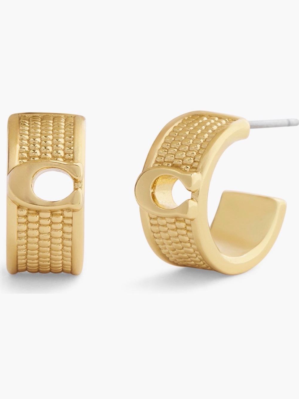 Coach Gold-Tone Textured C Huggie Hoop Earrings - Picture 1 of 6